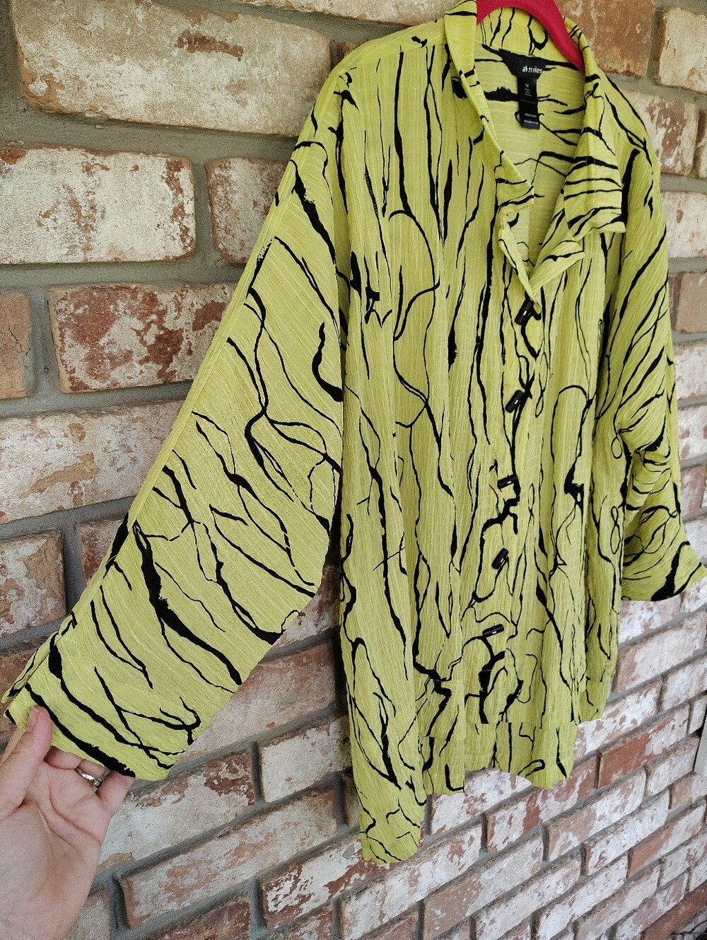 Ali Miles 1X Tunic Top Chartreuse Yellow Black Abstract Crinkle Lagenlook Artsy - Picture 6 of 8